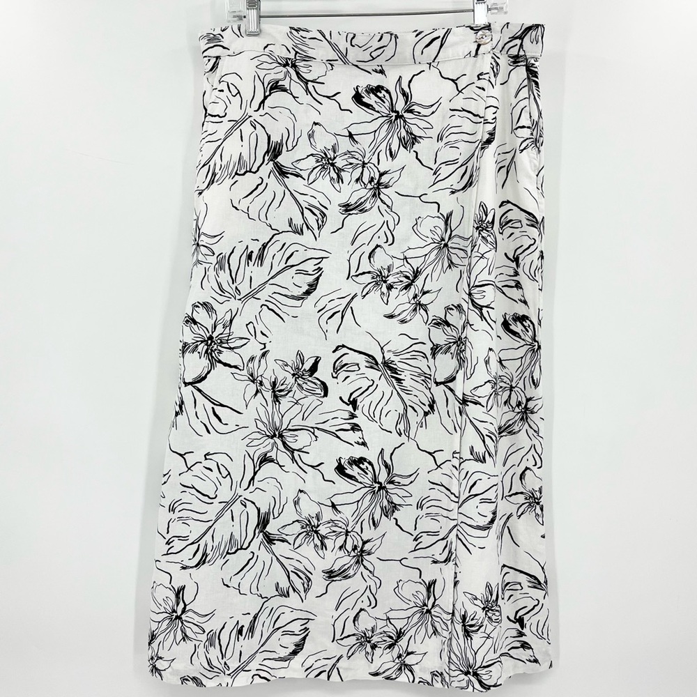 Joie White Floral Linen Blend Wrap Midi Skirt w/Pockets Size XL